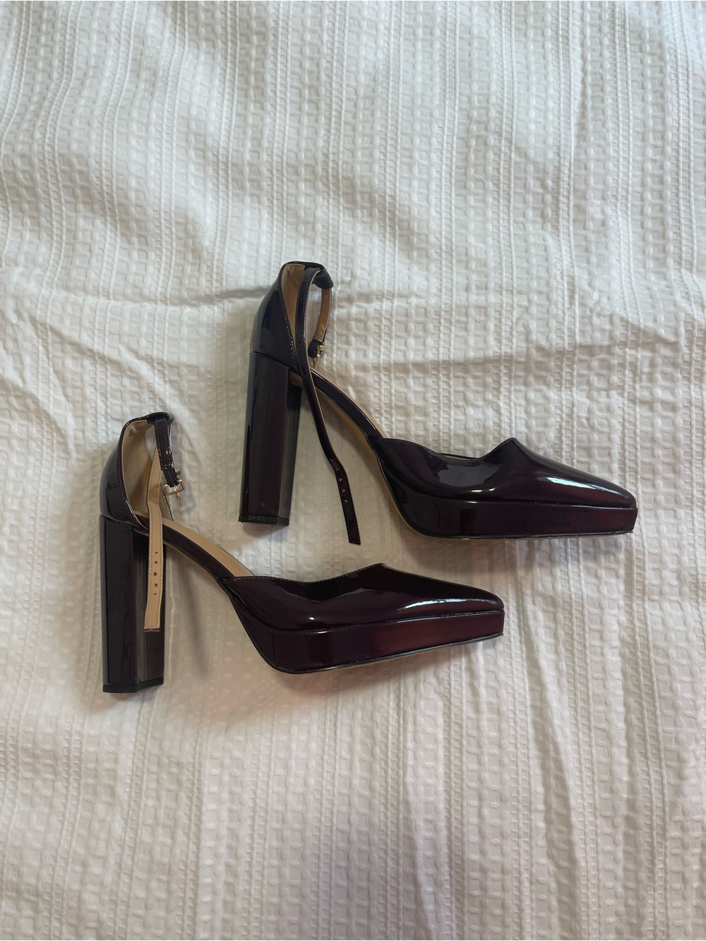 Express Glossy Platform Block Heels in Deep Wine